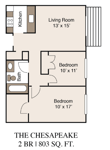 Floor plan for 2 beds, 1 bath, 803 sqft